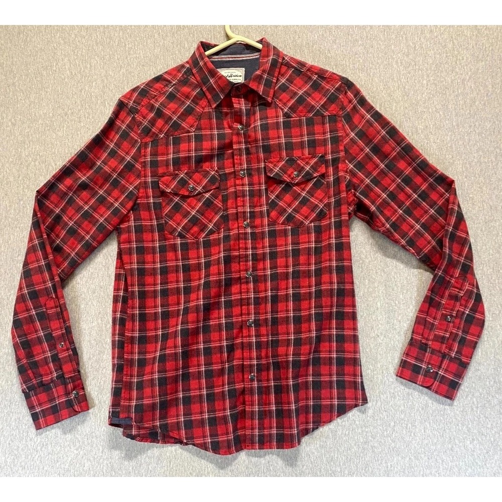 Flag & Anthem Western Flannel Shirt Mens Small Red Black Plaid Pearl Snap Cowboy
